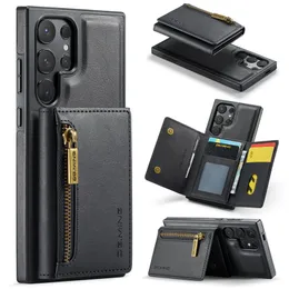 Capa de telefone luxuosa com zíper magnético 2 em 1 para iPhone 15 14 13 12 11 Pro Max Samsung Galaxy S24 S22 S23 Ultra S23FE Business Vários slots para cartões Capa de suporte de carteira de couro