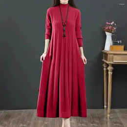 Casual Dresses Women Tummy-hiding Dress High Collar Knitted A-line Midi For Thick Warm Long Sleeve Pleated Winter With Loose