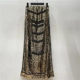 Autumn Retro Sequined X Long Skirt Vintage Beading Empire Gold Silm Bodycon Runway Bohemian Back Slit Pencil Jupe Sequin 240113