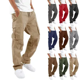 Calças de carga calças para homens comprimento total cor sólida solta multi-bolso bolsos com cordão calças masculinas calças de carga 3xl 240112