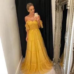 Yellow Sweetheart A-Line Prom Dresses Off the Shoulder 3D Flowers Tiered Tulle Evening Dresses Open Back Formal Prom Gowns YD