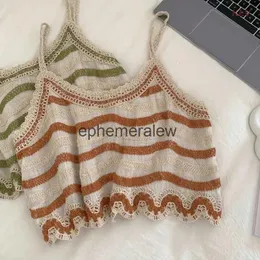 Kvinnors tankar Camis Kvinnor Vintage Cotton Linen Camisole Embroidery Heart Striped Spaghetti Strap Crop Top Crochet Knit Beach Sling Vestephemeralew