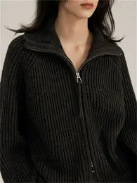 Cárdigan negro de lana para mujer, moda de otoño e invierno, suéter Vintage con cuello vuelto y manga larga, suéter informal holgado con cremallera