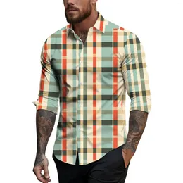 Camisas masculinas primavera verão casual xadrez impressão lapela manga longa camisa top roupas tamanho grande roupas exteriores para homens
