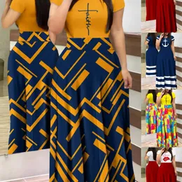 우아한 드레스 Amazon Aliexpress 유럽과 미국 여름 새로운 도착 짧은 슬리브 드레스 기하학적 패턴 패치 워크 디자인 신선하고 달콤한