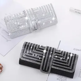 Women Evening Clutch Bag Diamond Sequin Wedding Clutch Purse Handbag Party Banquet Black Gold Silver Two Chain Shoulder Bag 240112