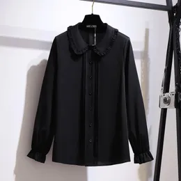 150Kg Plus Size Women's Bust 149cm Spring Autumn Loose LongSleeved Doll Collar Ruffled Chiffon Shirt XL 2XL 4XL 6XL 8XL 2Colors 240112