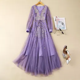 2024 Spring Purple Contrast Color Embroidery Dress Long Sleeve V-Neck Tulle Waist Belted Long Maxi Casual Dresses A4J09