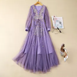 2024 Primavera Viola Contrasto Colore Ricamo Abito Manica lunga Scollo a V Tulle Vita con cintura Lungo Maxi Abiti Casual A4J09