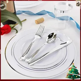 Dinnerware Sets 70Pcs Disposable Set Dinner Plates Dessert Knife Fork Spoon Silver Rimmed Flatware Home