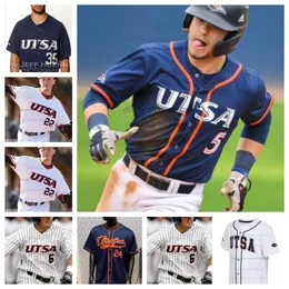 Anpassad UTSA Roadrunners Baseball Jersey Alla sömda Herrkvinntröjor 29 Aiden Baumann 30 John Chomko 32 Simon Miller 33 James Taussig 8 Leyton Barry Barry Barry Barry Barry