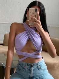 Tanques femininos Camis Mulheres Strappy Cross Over Front Cut Out Halter Ne Sem Mangas Balless Envoltório Crop Top Bandage V Verão Sexy Tops Mulher Cloesyolq