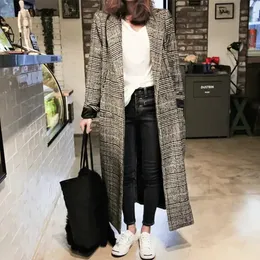 Autumn/Winter Korean Version Woolen Coat Women's Mid length Coat Slim Fit British Plaid Fabric Windbreaker Women S-2XL 240113