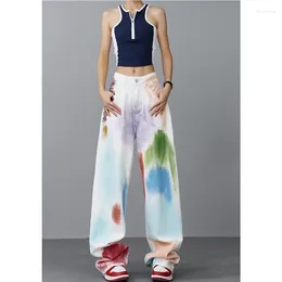 Damskie dżinsy kobiety białe streetwear wysokie talia szerokopasmowe spodnie nogi kontrastujące kolory barwione krawatem vintage samic 2024 Spring proste spodnie