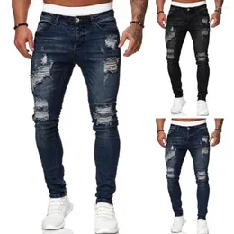 Jeans masculinos homens rasgados buracos fino ajuste macio respirável botão calças meados de cintura cor combinando hip hop streetwear calças compridas
