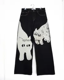 Jeans femininos harajuku y2k vestuário de rua super grande gato branco impressão cintura alta calças de perna reta moda wideephemeralew