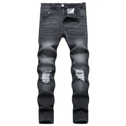 Jeans masculinos tamanho grande 40 42 Europa estilo de moda homens jenas calças jeans impresso listra buraco calças magras magro preto para marido 8832