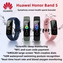 손목 밴드 오리지널 Huawei Honor Band 5 Smart Band Amoled Huawei Smart Watch Heart Rage Ftness Sleep Tracker 수영 스포츠 Trakcer GPS