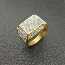 Mens Ring Iced Out Bling Jewelry Male Golden Color 14k Yellow Gold Pave Rhinestones Square Rings For Men Anillos