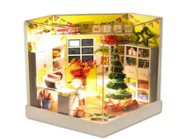 Boże Narodzenie Mini Dollhouse z okładką kurzu światła Drewniane miniatury Figurki DIY Doll House Zestawy zabawki Mainan Rumah Boneka Y200413066404