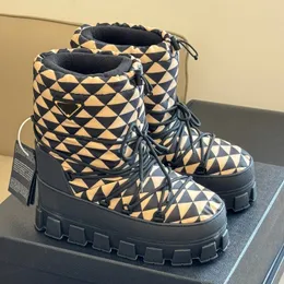 Designer Snow Boots toppkvalitet nylon apres-ski bootie gabardine stövlar kvinnor slip-on chunky vinter varm päls triangel tossor sko 35-41