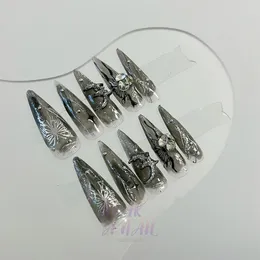 Handmade Press On Nail Black Stiletto Design nails Reusable Butterfly Decoration Silver Moon Shines Wearable Art Nails 240113