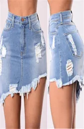 Casual alta wasit denim saia azul luz lavagem feminina angustiado mini saia lápis sexy rasgado verão saias9831101