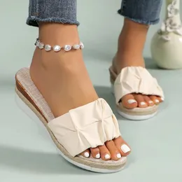 Slippers Mid Heel Summer Modern Outside Concise 2024 High Quality Ladies Shoes Wedges Solid Pleated Women's Chinelos