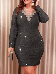 Plus size vestidos finjani contraste renda bodycon vestido casual decote em v manga comprida roupas femininas para o verão