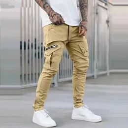 Calças de carga de bolso lateral masculino zíper preto cinza cáqui hip hop casual masculino joggers calças moda streetwear pantalones hombre 240112