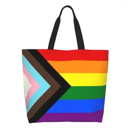 Sacos de compras LGBT Progress Orgulho Bandeira Sacola de Compras Mulheres Bonito Gay Lona Ombro Shopper Bolsas de Grande Capacidade