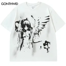 Hip Hop Punk Tshirt Streetwear Y2K Harajuku Japanese Anime Cartoon Angel Wing Girl Graphic Print T-shirt Fashion Loose Tee Top 240113