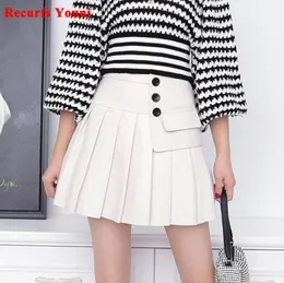 Женская юбка из натуральной кожи 2021, весенняя южнокорейская мода с высокой талией и пуговицами, плиссированная женская черно-белая мини-юбка Faldas Sk4559340