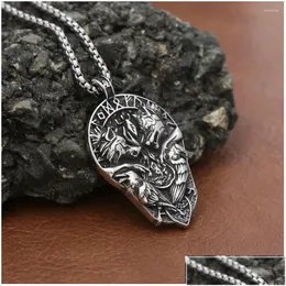 Pendant Necklaces Stainless Steel Mens Raven And Wolf Necklace Retro Vegvisir Scandinavian Jewelry Accessories Drop Delivery Pendants Dhog5
