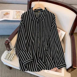 150Kg Plus Size Women's Bust 157 Autumn Striped Casual Shirt Long Sleeve Top Black 6XL 7XL 8XL 9XL 10XL 240112