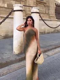 Casual Dresses Printed Tie Dye Hanging Neck Maxi Dress Women Backless Off Shoulder A-Line Mid-Calf Summer Chic Female Street Vestidos
