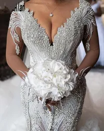 Dresses Luxury Mermaid Arabic Dubai Wedding Dresses Vneck Long Train Tulle Beaded Sequins Crystal Women Bride Gowns Custom Size 2022