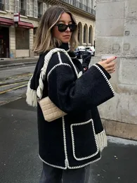 Abrigo bordado a la moda con bufanda para mujer, chaqueta con bolsillos de manga larga, ropa de calle holgada de un solo pecho para mujer de otoño 240113