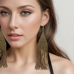 High Quality Hand-woven Bohemian National Wind Pure Color Long Exaggerated Personality Tassel Metallic Sense Female Earrings