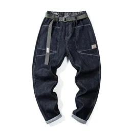 Dark Blue Jeans Men Stretch Loose Fit Wide Leg Spring Summer Casual Harem Pants Elastic Waist Streetwear Patchwork Include Belt 240113