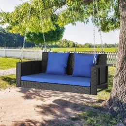 Camp Furniture 49in Swing Chair Black Garden PE Rattan Blue Cushion Bench With Backrest Easy To Install