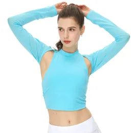 lu kadın yoga uzun kollu gömlek spor mahsul üst kıyafet vida iplik fitil yüksek elastik fitness egzersiz moda tees bft1022