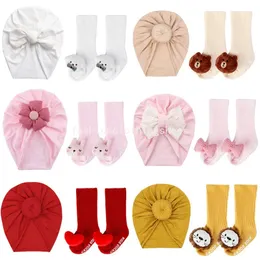 0-12M Baby Hat Socks Set Cartoon Plush Newborn Non-slip Cotton Socks Toddlers Mid-tube Stockings Bowknot Bonnet Infant Beanie