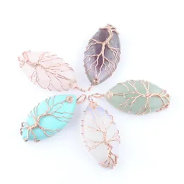 Pendant Necklaces Natural Gemstone Tree Of Life Pendants Rose Gold Copper Wire Wrap Marquise Shape Stone Beads Jewelry Turquoises Pu Dhjs8