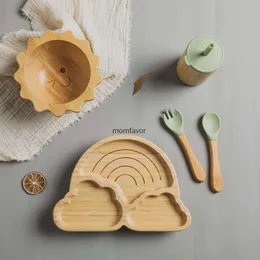 Novos copos pratos utensílios de jantar de bambu do bebê com ventosas de silicone conjunto de talheres de alimentação do miúdo tigela prato garfo colher copo suprimentos de alimentação do bebê presente