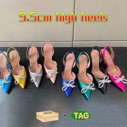 Com sapatos de vestido de caixa para mulheres Rosie seda sling 90 saltos com preto amarelo laranja fúcsia azul royal luz rosa mulheres tênis de casamento formadores de festa 95mm salto alto