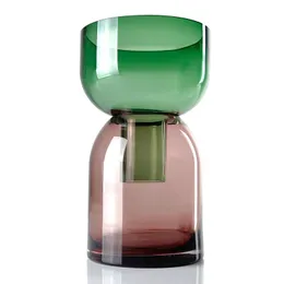 Flip vazo, yeşil ve pembe, cam vazo, geri döndürülemez vazo, mum tutucu, ağız üflemeli cam vazo