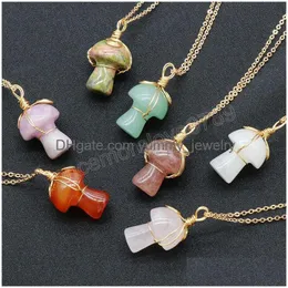 Cute Mushroom Charm Natural Stone Pendant Necklace Healing Agates Jades Purple Pink Quartz Pendum Wire Wrap Crystal Jewelry Drop Deli Dhysj