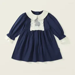Vestidos de menina primavera outono meninas azul marinho vestido de manga longa com padrão casual babados roupas de bebê crianças