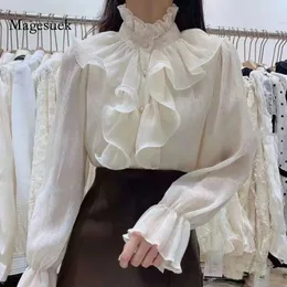 Spring Ruffle Stitching Blouse Women Long Flare Sleeve Buttons Ruched Loose Top Stand Collar Chiffon Shirt 12946 240112